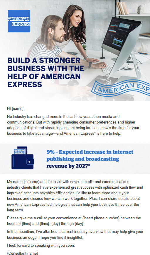 American Express business customer email campaign, desktop view