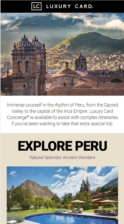 Luxury Card monthly cardmember newsletter, desktop view