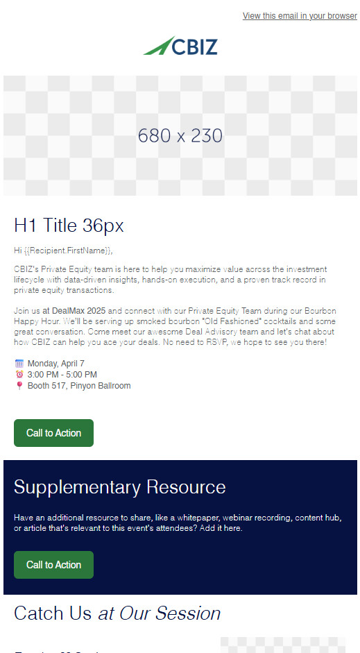 CBIZ modular Pardot email template, desktop view