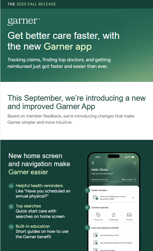Garner Health customer newsletter, desktop view