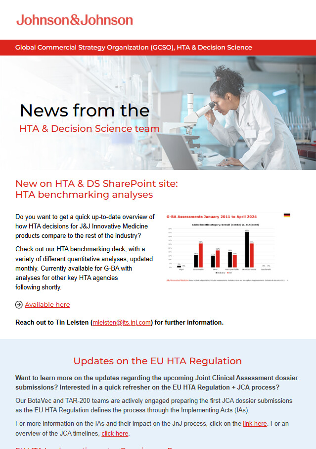 Johnson and Johnson internal stakeholder newsletter, desktop view