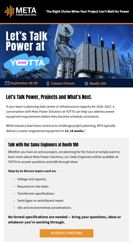 META Power Solutions YOTTA tradeshow email, desktop view