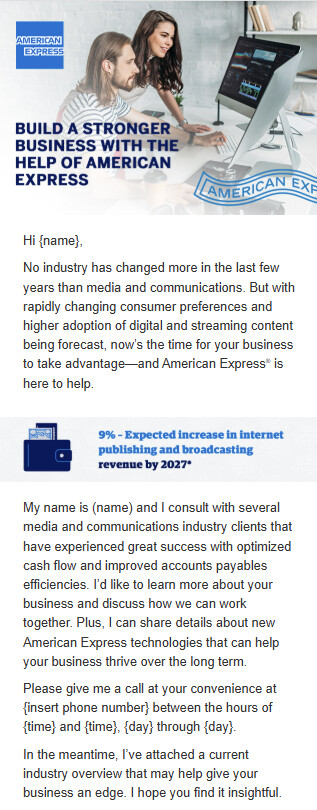 American Express business customer email campaign, mobile view