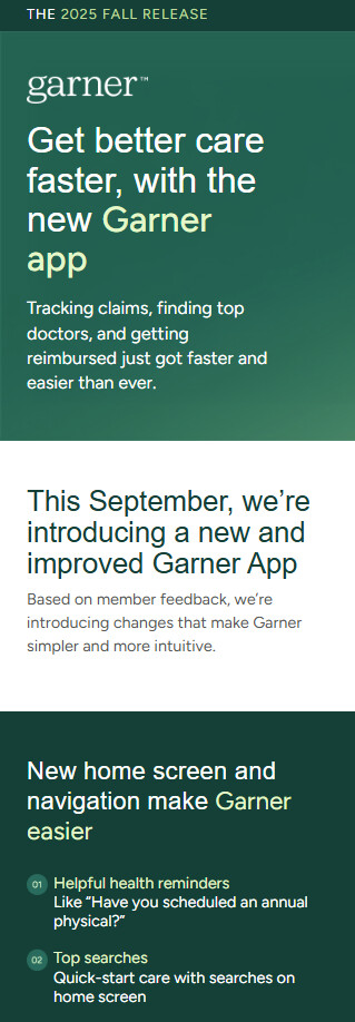 Garner Health customer newsletter, mobile view