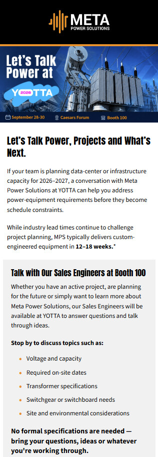 META Power Solutions YOTTA tradeshow email, mobile view