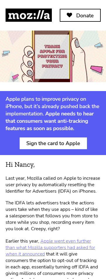 Mozilla Foundation fundraising email, mobile view