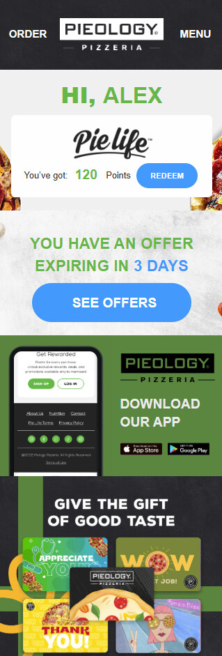 Pieology promotional customer email, mobile view