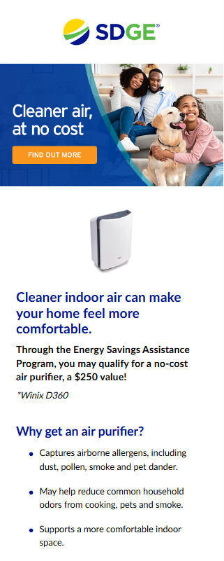 San Diego Gas and Electric customer program email, mobile view