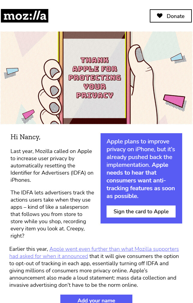 Mozilla Foundation fundraising email, desktop view
