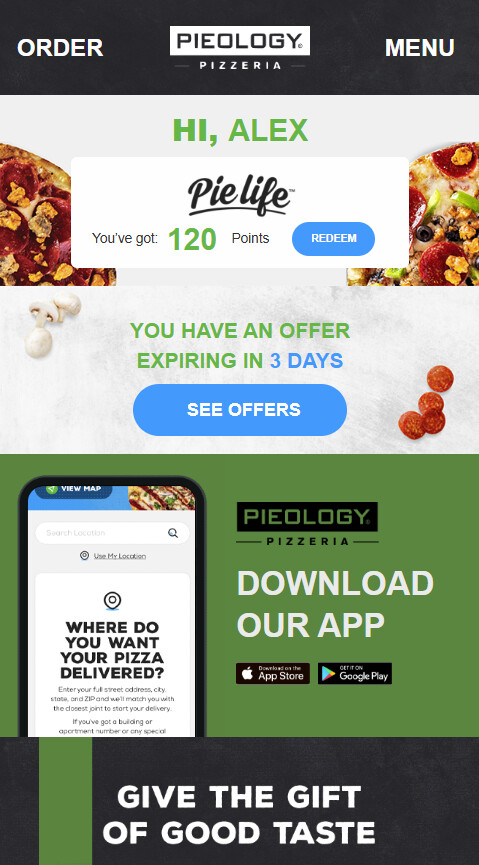Pieology promotional customer email, desktop view