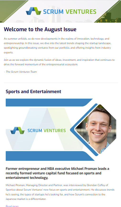 Scrum Ventures investor newsletter redesign, desktop view