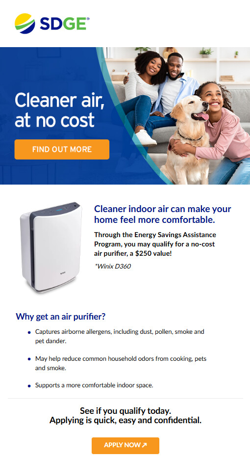 San Diego Gas and Electric customer program email, desktop view
