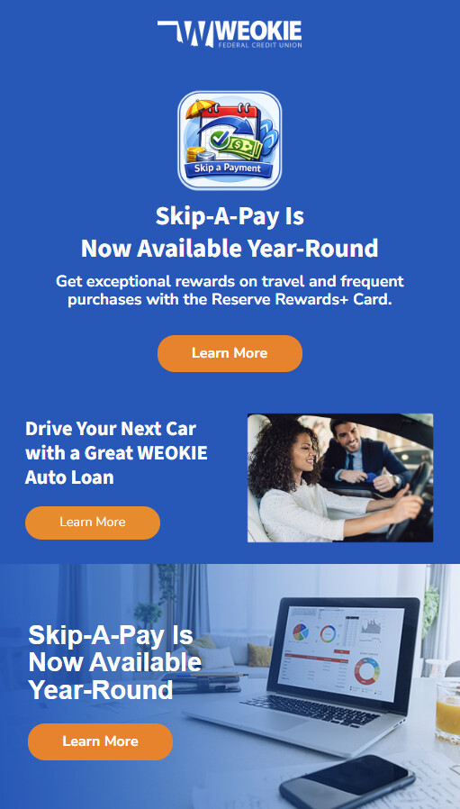 WEOKIE Federal Credit Union modular email design, desktop view